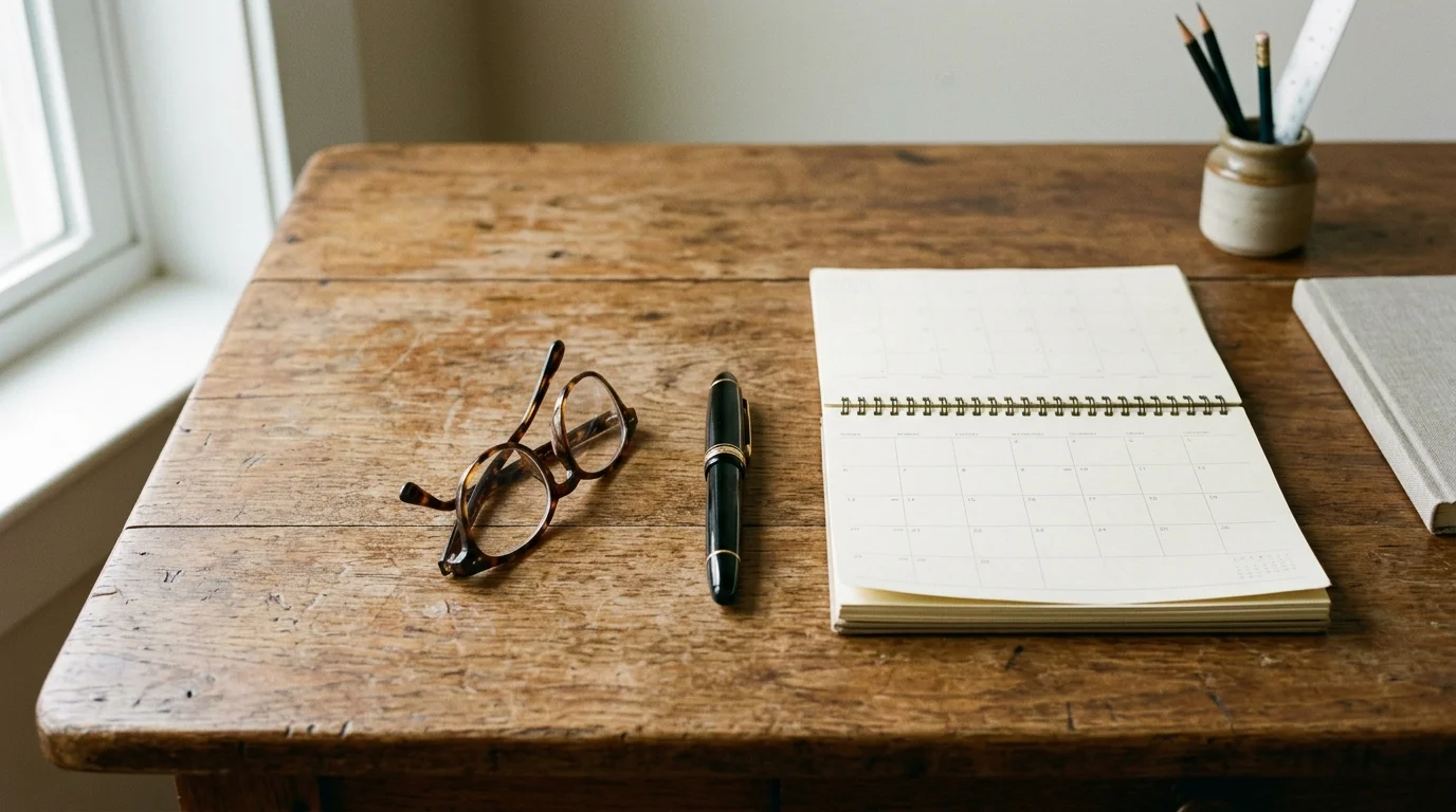 Aufger&auml;umter Schreibtisch mit Kalender, F&uuml;ller und Lesebrille